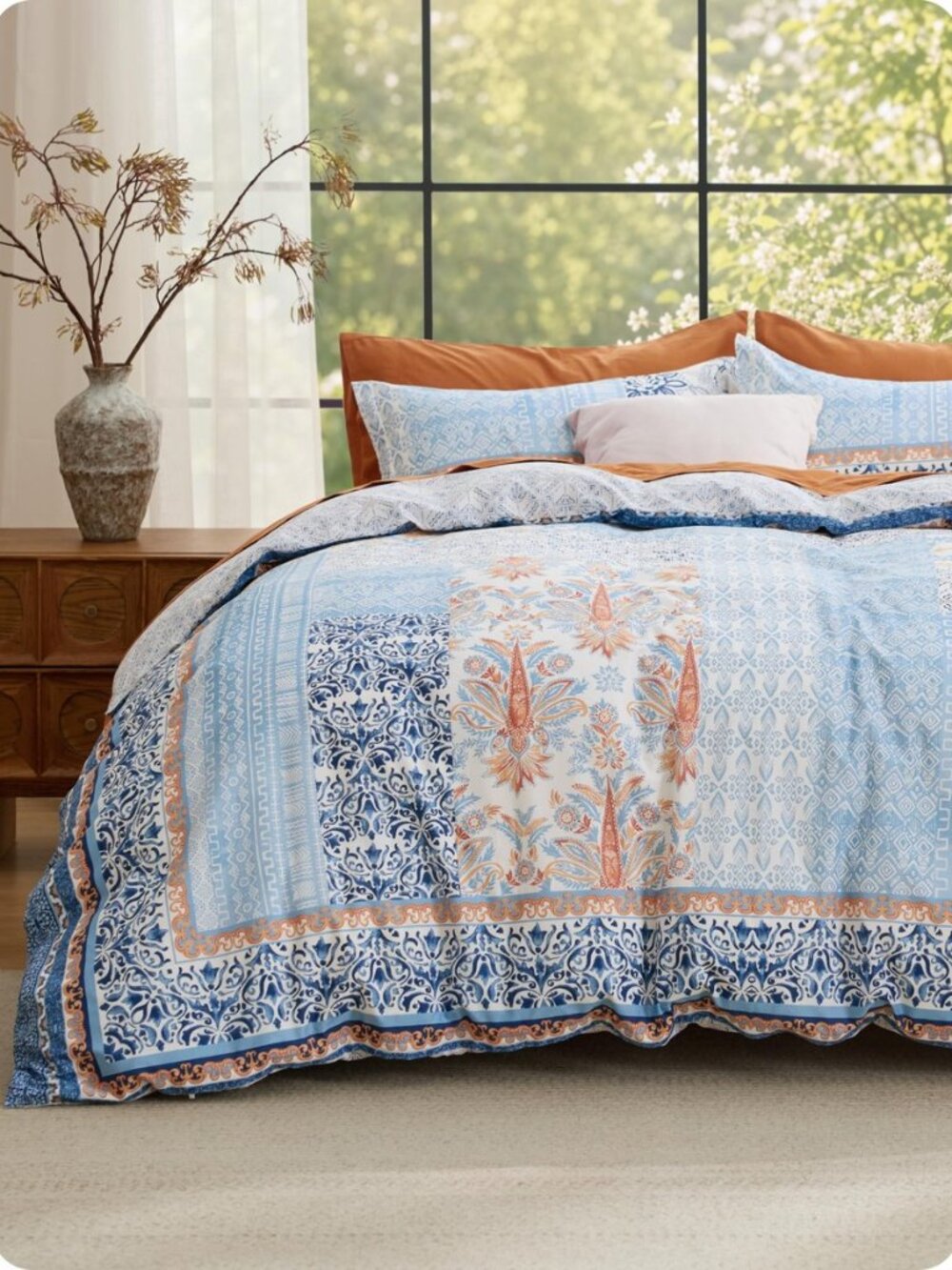 PureWoven 100% Cotton Floral Duvet Cover Set , Queen, Light Blue